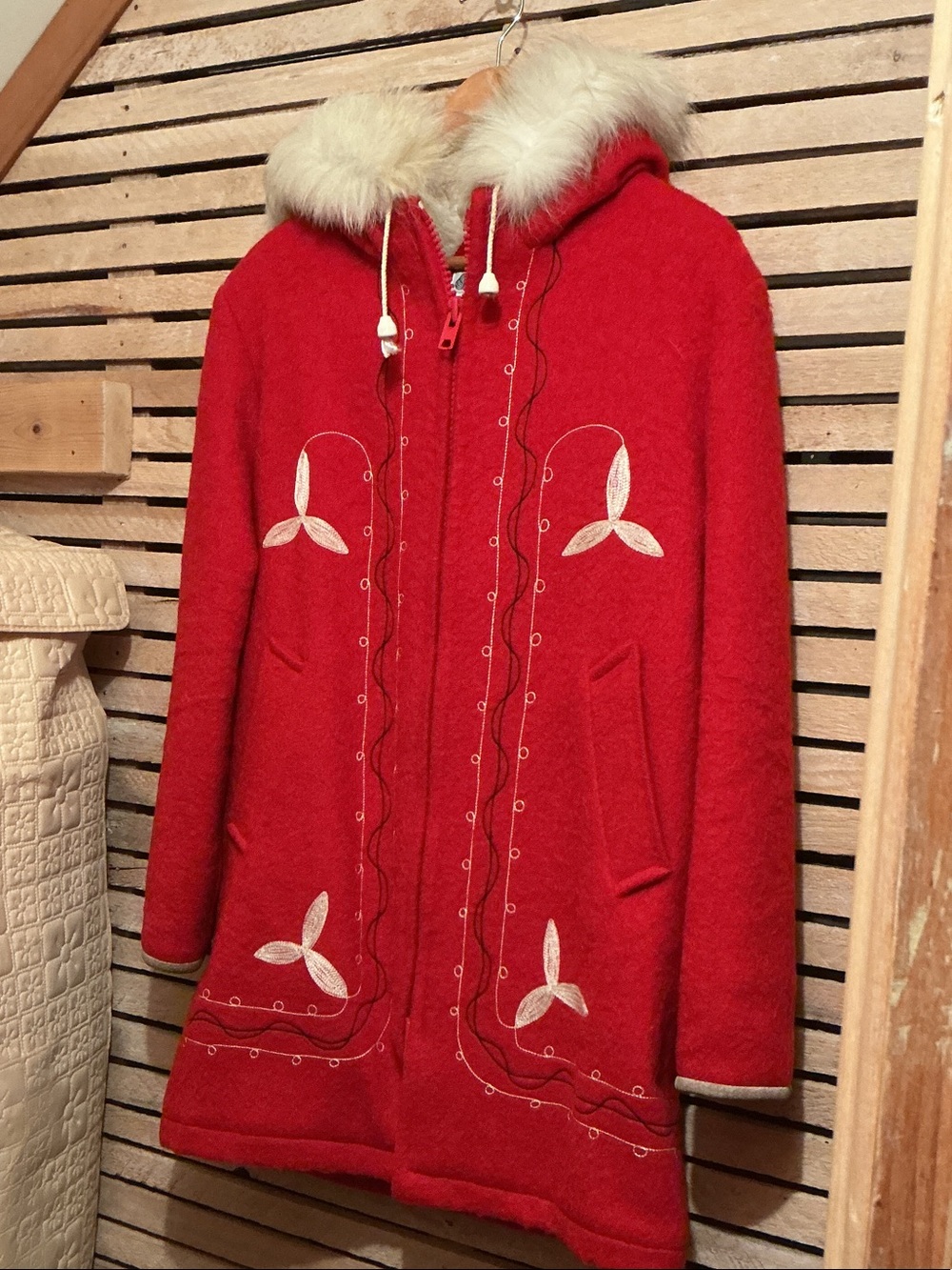 Vintage Hudson Bay Company Red Virginia Wool Parka with Fur Hood